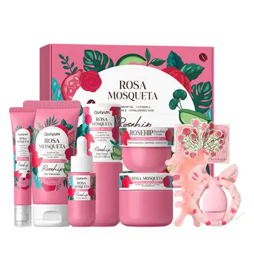 QUIYUM Weihnachts- und Neujahrsgeschenk Hagebutte-Pflegeset (9-teiliges) – Gesichtsreiniger 50 g, Gesichtswasser 100 ml, Serum 30 ml, Augencreme 20 g, Gesichtscreme 50 g, Windelausschlagcreme 30 g, mit Gesichtsmassagekamm, Haarband, Gesichtsschwamm