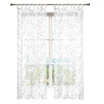 WOLTU 2 x Vorhänge mit Schlaufen Blumenmuster Transparente Gardinen mit Schlaufen in Leinenoptik Dekor für Wohnzimmerfenster, Leicht und Luftig, Voile, 140x225 cm, Grau