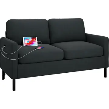 GRAVFORCE 2-zitsbank met 2 oplaadpoorten en zijvak, kleine bank 143 cm Cloud Series comfortabel voor tienerkamer, woonkamer, flat of kantoor, gemaakt van hout (stof, donkergrijs, bank)