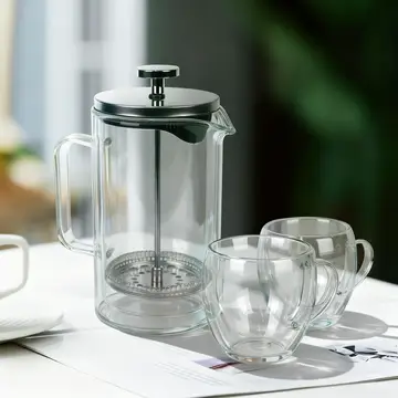 French-Press-Kaffeemahl und zweilagiger Glasbecher-Set, doppelwandig, aus hochprozentigem Borosilikatglas & Edelstahl, weißer Ausführung