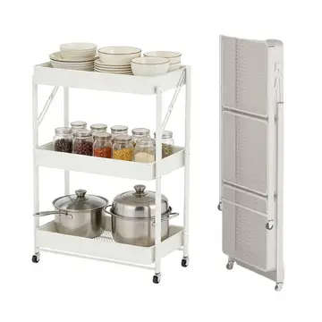 ochama x J.ZAO Opvouwbare Keukentrolley 3 Lagen, 30*45*77cm, Metalen Serveerwagen Zonder Montage, Mobiel Keukenrek met Wielen, Multifunctionele Opbergtrolley voor Woonkamer, Wit