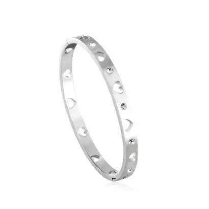 Loveheart Cutout with Diamontes Rigid Bracelet - Stainless Steel - 58mm Diameter x 5.7mm wide