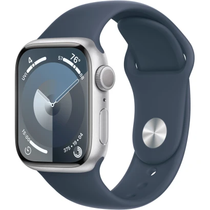 Apple Watch S9 (41mm/ GPS) - Silver Aluminum Case with Storm Blue Sport Band (Small/Medium)
