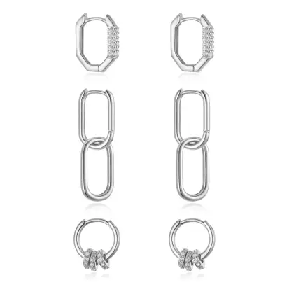 Ever Faith 3Pair Hoop Earrings Set Cubic Zircon Chain Huggie Earring