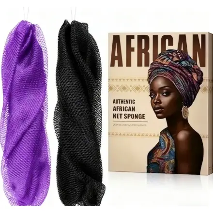 Kit d’Éponge en Filet Africaine – 90 g – Violet + Noir – Avec Cordon