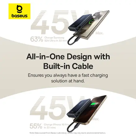 Baseus Nomos Qi2 Power Bank Support Magnétique Filaire USB-C Intégré 10000mAh 45W Noir Interstellaire