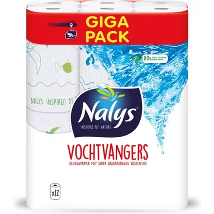 Nalys Vochtvangers keukenpapier 12 rol in 80% gerecycleerde folie
