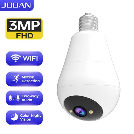 JOOAN E27 Caméras de surveillance intérieures/extérieures sans fil, pan/tilt 360°, vision nocturne en couleur, lampe LED et projecteur, Wi‑Fi 2,4 GHz, pour sécurité intérieure et extérieure