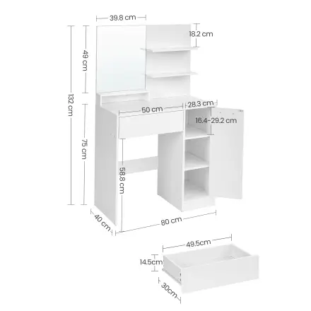 VASAGLE RDT119W01 Table à maquillage avec miroir, compartiment de rangement, 1 tiroir, 2 étagères, Blanc