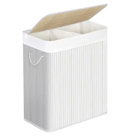 SONGMICS Wasmand van bamboe, wasverzamelaar met 2 compartimenten, wassorteermachine met deksel en verwijderbare waszak, katoenen handvatten, 100 L wasbox, witte LCB64WT