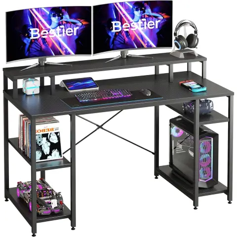 Bestier Großer Schreibtisch, Computer-Schreibtisch, PC-Tisch, Bürotisch, Gaming-Tisch mit 4 Regalfächern und Monitorablage, Gaming-Schreibtisch für Büro, Wohnzimmer, Industrie-Design, 140 cm, Schwarz Carbon-Look