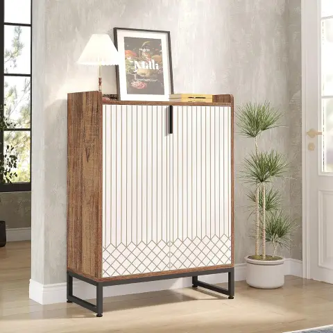 Tribesigns Schuhschrank mit 2 Türen, 73 x 35 x 105 cm, Schuhregal für 25 Paar, Schuhschrank Weiß mit goldenem Metallrahmen, Schmaler Schuhschrank, Flur Schuhkommode im Flur, Weiß Braun