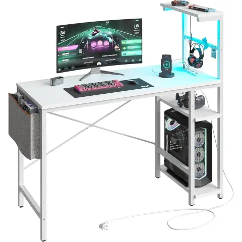 Bestier 113 cm Eck-Computerarbeitsplatz mit Steckdosen, Computerarbeitsplatz mit LED-Lichtern, umkehrbarer Schreibtisch mit Seitentasche, Aufbewahrungsbeutel und Zubehöranhänger für das Home-Office, kleiner Raum, Weiß