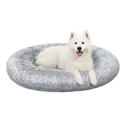 SONGMICS Fluffy Dog Bed, Cat Bed, Doughnut Cushion, Washable, Removable Padding in the Middle, Long Plush, 120 cm Diameter, Ombre Grey