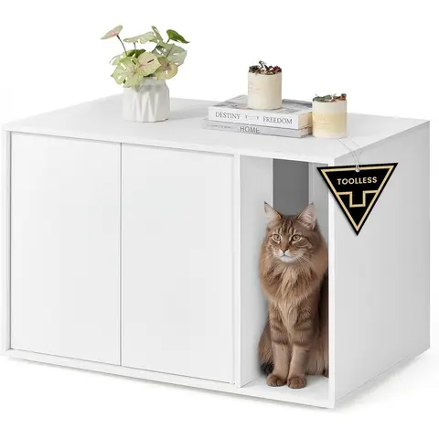 SONGMICS HOME Blitzschnelle montagefreie Montage, Katzenstreu-Box-Verkleidung, versteckte Katzenstreu-Box-Möbel, Katzenhaus für große Katzen, Druck-Öffnungstüren, Seitentisch, minimalistisch modern, Snow White PCL013W01