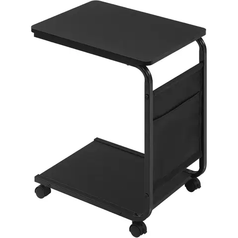 WOLTU Beistelltisch, Couchtisch mit 2 Ablagen 1 Seitentasche, Sofatisch mit Stauraum, Wohnzimmertisch C-Form, auf Rollen, für Bett Sofa, aus Holzwerkstoff Metall, 50x62x35 cm, Schwarz, BTS04sz