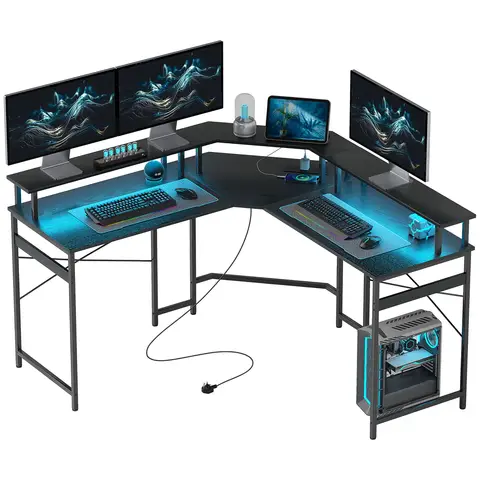 HOMCOM L Shaped Desk with Power Outlets and LED Lights, Corner Computer Desk with Monitor Stand, Gaming Desk for Home Office, Black