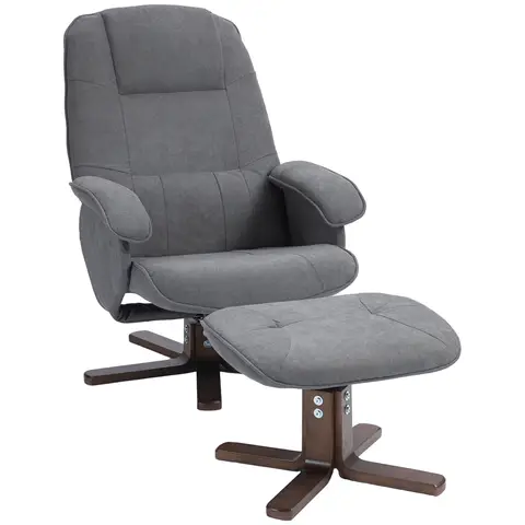 HOMCOM Linen Swivel Recliner Chair with Footstool, Upholstered Reclining Armchair with Wooden Base for Living Room Grey