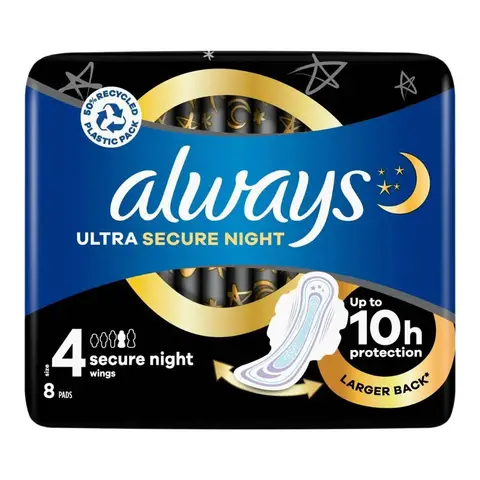 Always Ultra Sanitary Towels Secure Night Wings Size 4 8 Pad
