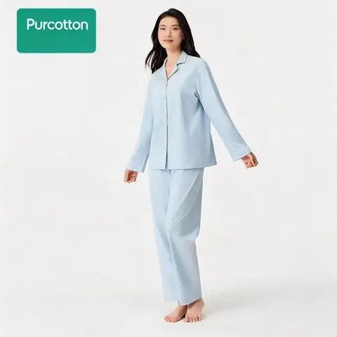 Women's Lustrous Cotton Brushed Loungewear Set,Cloud & Water Blue,Top: UK 14 (L); Bottom: UK 14 (L)