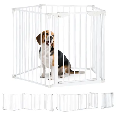 PawHut Pet Safety Gate, 5 Panels Playpen Fireplace, Foldable Metal Fence, Stair Barrier, Room Divider, Fire Guard w/ Automati