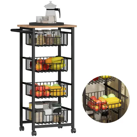 HOMCOM 4-Tier Kitchen Island on Wheels, Rolling Kitchen Storage Trolley with 4 Pull-Out Mesh Baskets, Mobile Utility Serving 