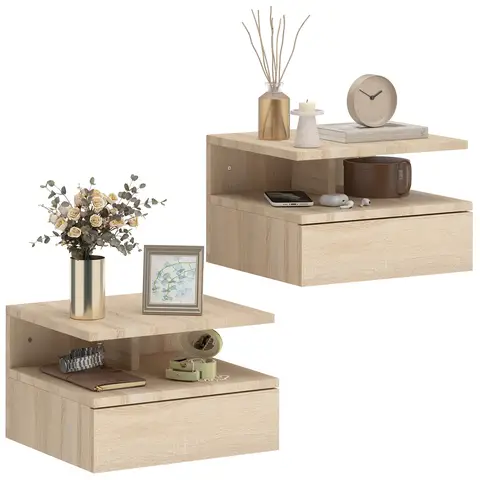 HOMCOM Floating Bedside Table Set of 2, Wall Mount Nightstands with Storage Drawer and Open Shelf for Bedroom Oak