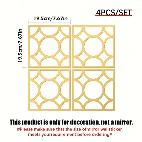 4pcs PVC mirror stickers with floral pattern, 19.5*19.5cm，gold