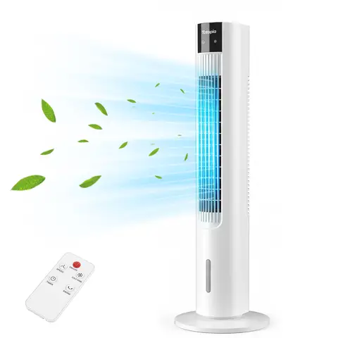 Totopia Wasserkühlungsturmventilator fürs Schlafzimmer, automatische 70°-Oszillation, 3 Geschwindigkeitsstufen & 3 Modi, Fernbedienung, 1-12-Stunden-Timer, 6 Eispackungen enthalten, Neuheit