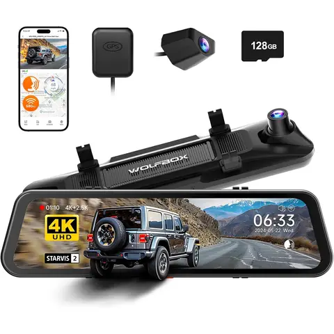 WOLFBOX G900 PRO Dash Cam 4K+2.5K Car DVR Voice Control 5GHZ WI-FI and GPS Video Recorder Front and rear camera, includes 128G Card