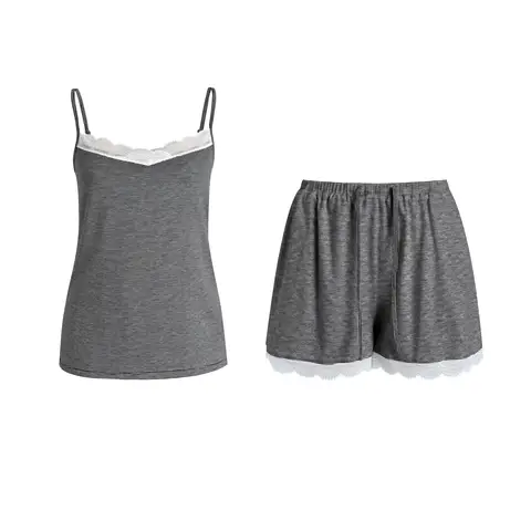 IZURIA white wide lace v-neck black knitted camisole and knitted shorts set  XL