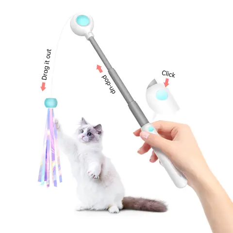 Petgravity Retractable Cat Teaser Wand, Blue, One-Click Retract, Laser Emission Function, 23 cm Extension, 100 cm Cord Length