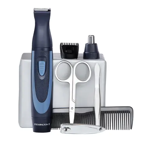 Remington Nano Series Travel Grooming Kit with Pouch, 13 Piece Set for Hair, Beard, Facial & Eyebrow Trimmer, Battery Operated, Blue/Silver, NE3890