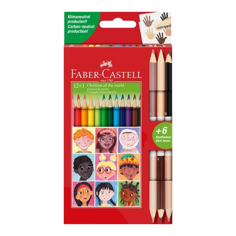 Faber-Castell Triangular Colour Pencil Set, 12 Colours + 3 Bi-Colour Skintone Pencils