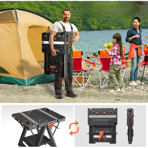 LARBANKE 2-In-1 Folding Workbench & Sawhorse, Waterproof Multi-Function Work Table (79x81x63.5cm) - Height-Adjustable, 4 Woodworking Clamps, 4 Connecting Blocks, 2 Limit Blocks, Non-Slip & Tool Storage Tray