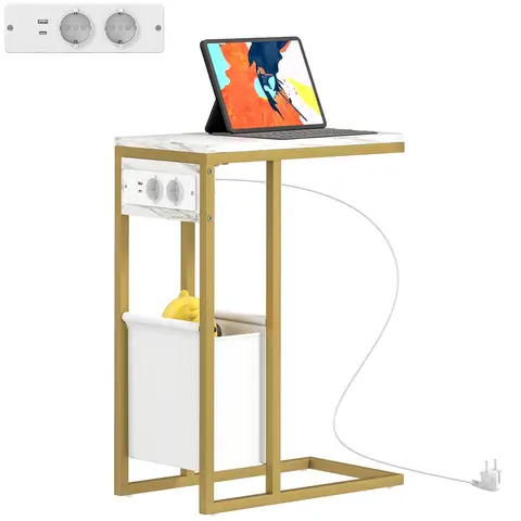 HOMCOM Table d'appoint avec station de charge, bout de canapé étroit forme C avec sac de rangement en tissu, plateau aspect marbre, cadre en acier, table basse pour salon, chambre, 46x25x62,5cm, blanc
