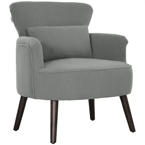 HOMCOM Modern Armchair, Upholstered Corduroy Accent Chair with Thick Padded Seat, Lumbar Pillow Light Grey