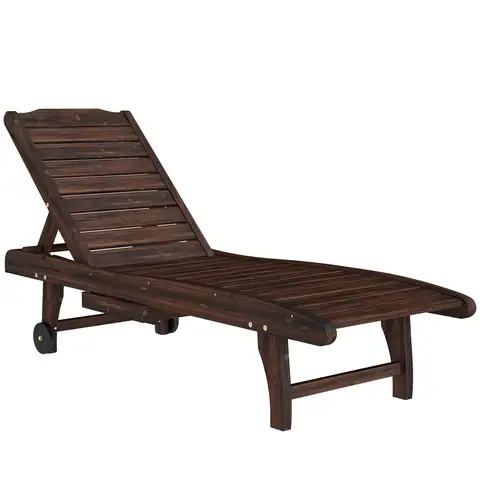 Outsunny Garden Patio Sun Lounger, Outdoor Wooden Sun Bed with Built-In Table, Reclining Backrest and Rolling Wheels for Sunb