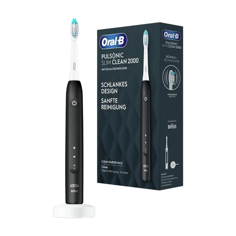 Oral-B Pulsonic Slim Clean 2000 Elektrische Schallzahnbürste, 2 Putzmodi für Zahnpflege und gesundes Zahnfleisch mit Timer, Design von Braun, Schwarz, 1 Stück (Packung mit 1)