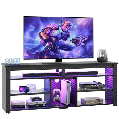 Bestier Lowboard TV-Schrank, Sideboard, Gaming-TV-Board mit LED-Beleuchtung - Schwarze Carbonfaser (Breite 160 cm Fernsehtisch, 1 Stück, TV-Ständer für 55/60/65/70 Zoll Fernseher, mit 366 dynamischen LED-Modi), Medien-TV-Schrank mit verstellbarem Regal, Weißer Marmor/Schwarz