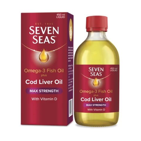 Seven Seas Omega-3 Fish Oil Plus Cod Liver Oil MAX STRENGTH 450ml liquid. With Vitamins D And E