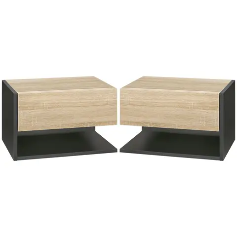 HOMCOM Floating Bedside Table Set of 2, Wall Mounted Bedside Cabinet with Drawer and Open Shelf, Modern Nightstand for Bedroom, 46 x 30 x 30 cm, Oak Tone