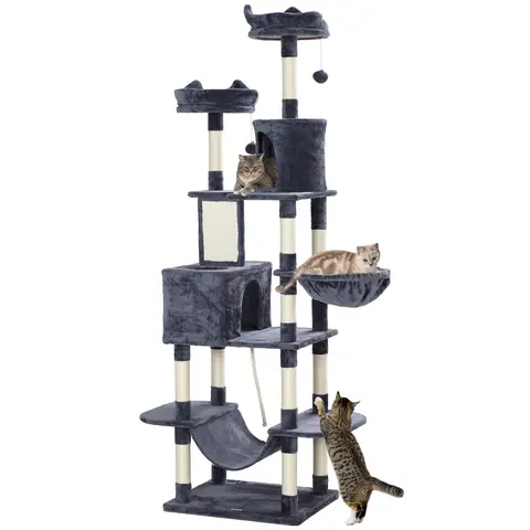 PawHut Cat Tree, 206cm Cat Tower with Sisal Scratching Posts and Board, Beds, Condos, Platforms, Hammocks, Toy Balls & Rope, Anti-Tip Kit, Kitten Activity Centre for Indoor, Dark Grey