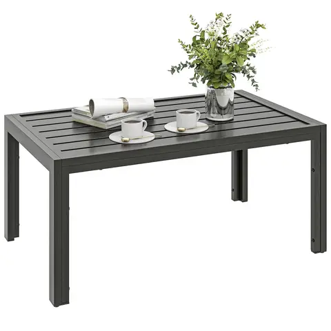 Outsunny Garden Coffee Table, Rectangular Patio Side Table with Steel Frame and Slat Tabletop for Outdoor, Balcony, 101.5 x 61cm, Grey Wood Effect