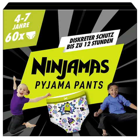 Ninjamas Pyjama-Höschen Raumschiff, 60 saugstarke Nachtwindeln, 7 Jahre, 17 kg-30 kg, Auslaufschutz für die ganze Nacht