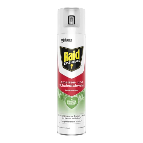 Raid Essentials Ameisen und Schabenabwehr Raumschutz-Spray, wirksamer Schutz im Innenbereich, schnelle Wirkung, für Türöffnungen und Fußleisten, 300 ml Sprayflasche