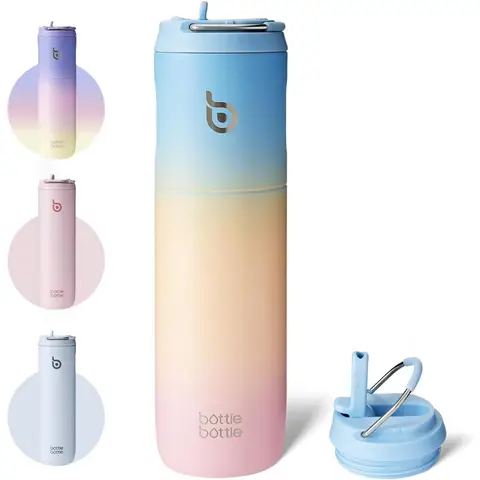 Bottle Bottle Gourde de sport en acier inoxydable avec bouchon 2-en-1 à paille, multicolore (bleu, jaune, rose), 700 ml