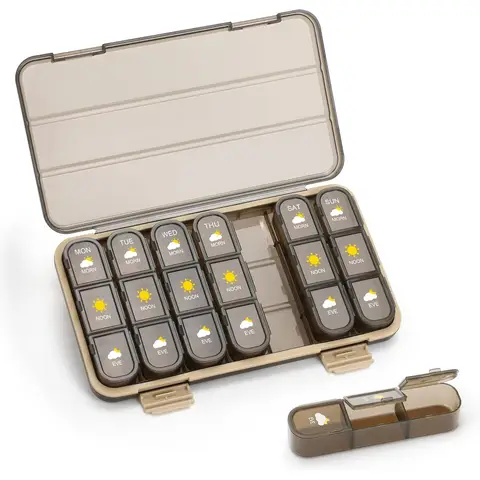 Pill Organizer 3 Times A Day, 7 Day Pill Box - GAONLY Weekly Travel Pill Container, Large Medicine Dispenser Vitamins Case Supplements Holder Organizer, Brown
