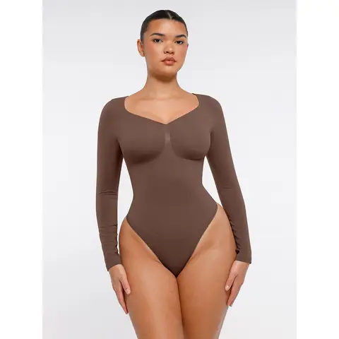 Feelingirl Seamless Long Sleeve Arm shaper Tummy Control Ruched Bust Thong Bodysuit for Women XS Brown, Couple Gift Perfect Gift
