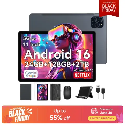 TABWEE T90 Tablette 11 pouces sous Android 16, 24 Go (8 + 16) de RAM et 128 Go de ROM (carte TF jusqu'à 2 To), 5G et Wi-Fi, avec stylet/souris/clavier, batterie de 8 000 mAh, 16 MP + 8 MP / Widevine L1 / Gemini AI